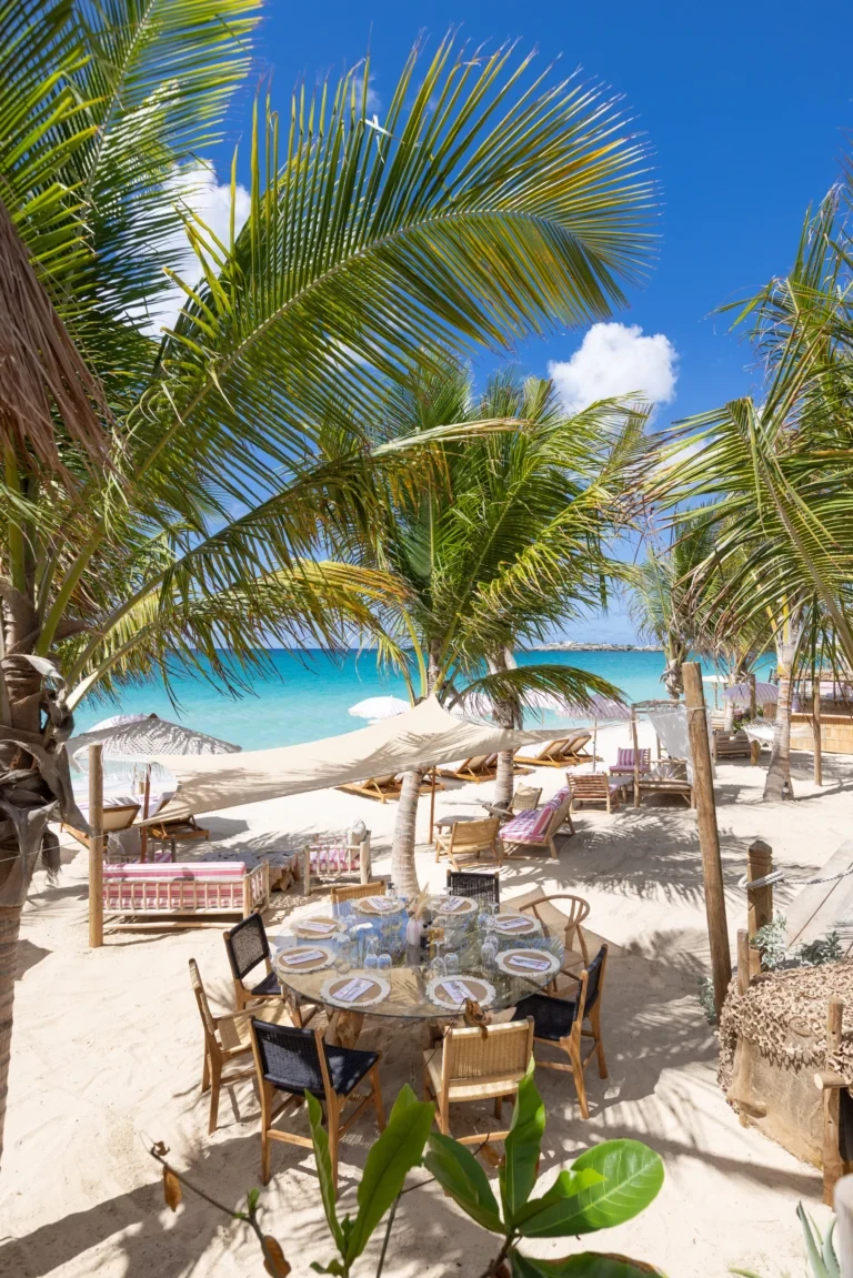A table set for dining under palm trees on Babacool beach