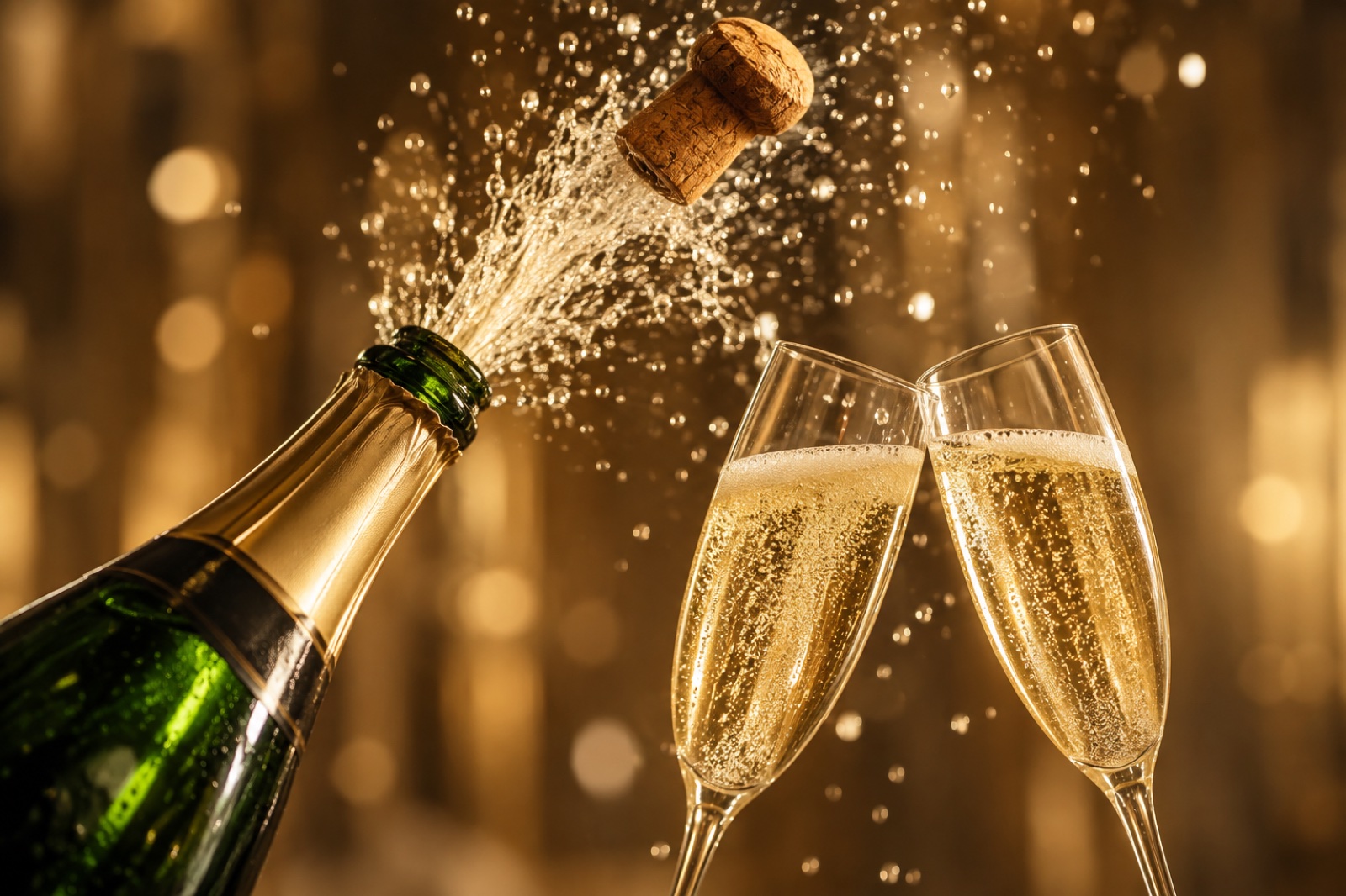 Champagne glasses and golden bubbles
